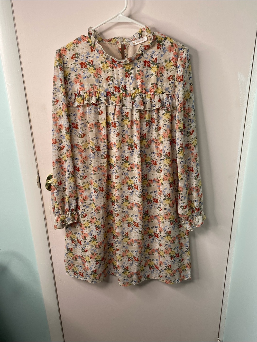 Long-Sleeve Floral Ruffle Dress - Cream Multi